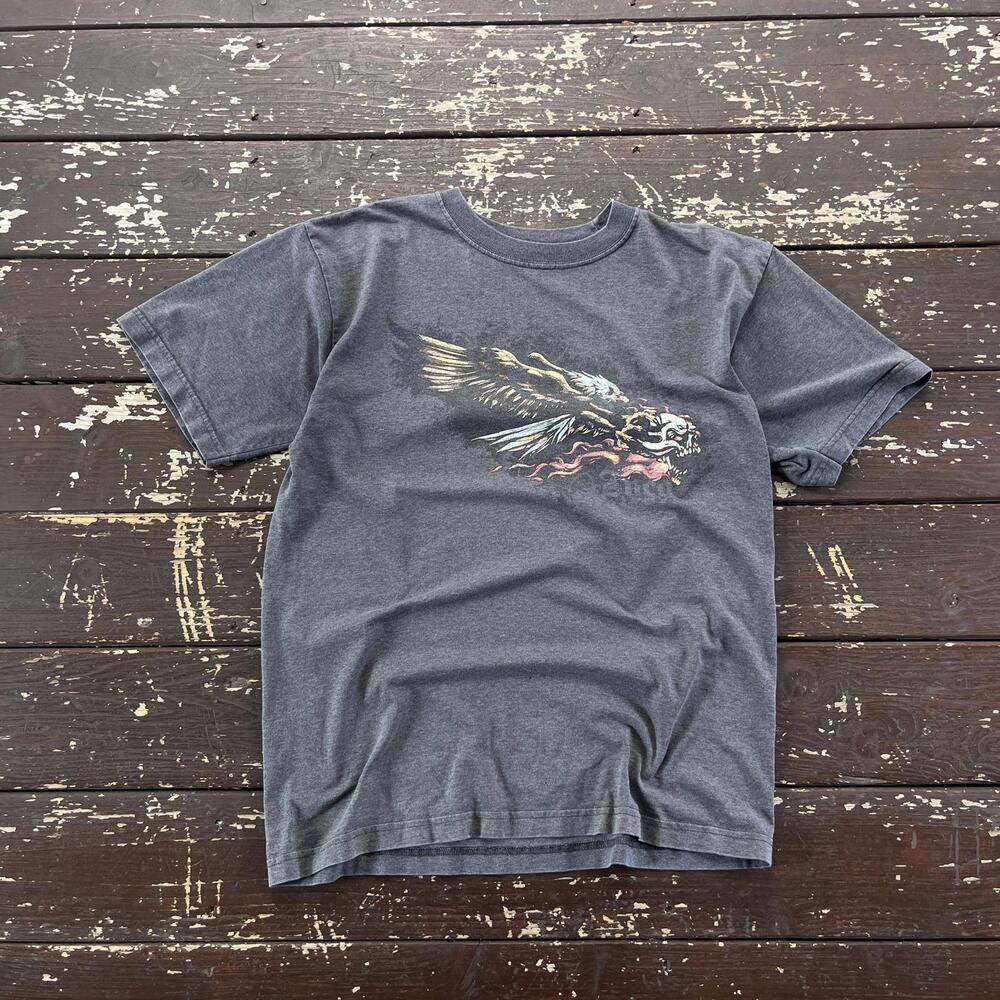 (M) Vintage 90s JNCO Jeans T-Shirt Y2K Flaming Eagle Skull Grunge Cyber Skater